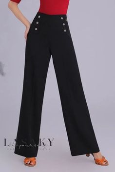 Lasaky - Premium High Waist Latin Dance Training Pants for Social and Modern Dance, Jitterbug Dance Pants Stretch Black Work Pants, Stretch Black Work Pants Full Length, Black Stretch Wide Leg Work Pants, Black Stretch Work Pants, Classic Full Length Non-stretch Pants, Classic Black Pants With Button Closure, Non-stretch Full-length Formal Pants, Fitted Wide Leg Black Work Pants, Full Length Pants With Button Closure For Spring