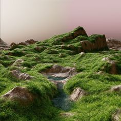 a grassy area with rocks and grass on the ground in front of a pink sky