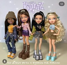 three dolls standing next to each other in front of a sign that says, boaz the girls with a passion for fashion