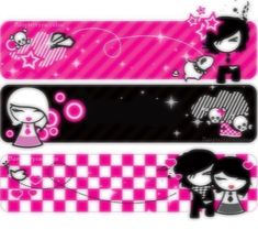 three pink and black banners with cartoon characters on them, one girl is holding a teddy bear