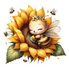 a drawing of a bee sitting on top of a sunflower with bees around it