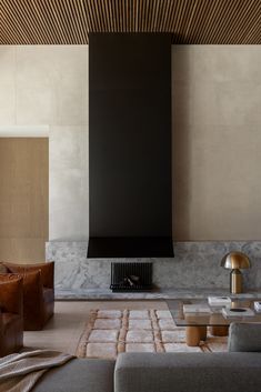 a living room filled with furniture and a fire place in the middle of it's wall