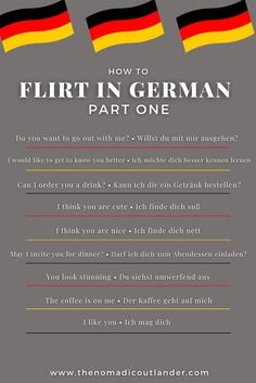 an advertisement for the german language book how to flirt in german part one, with two flags