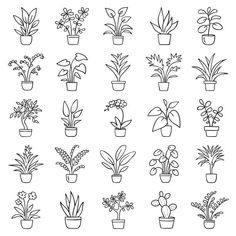 potted plants line icons set - plant stock illustrations, clip art, cartoons, & icons