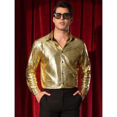 The button down glitter shirts for men are unique, making you standing out from the crowd. Pair the shiny shirts with fitted black jeans or leather pants for nightclub or nighttime social gatherings. The shiny metallic shirts are suitable for many occasions, such as parties, disco, nightclub, wedding, stage performance, or other casual occasions. Gold Long Sleeve Party Shirt, Gold Shirt For Fall Party, Party Tops With Button Closure For Fall, Disco Style Fitted Shirt For Party Season, Fitted Disco Shirt For Party Season, Fitted Disco Shirt For Party, Fitted Disco Style Party Shirt, Long Sleeve Shirt For Night Out Party Season, Long Sleeve Party Shirt