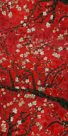 the painting is red with white flowers on it