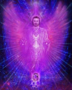 an image of jesus surrounded by purple lights