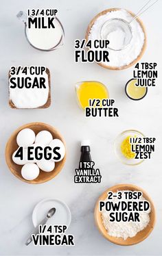 ingredients to make an egg recipe on a white counter top with text overlays