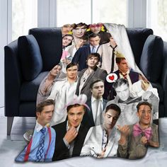 a couch covered in many different people's faces and poses, all covering the entire area