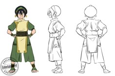 an animation character is shown in three different poses, including the headgear and shoulders