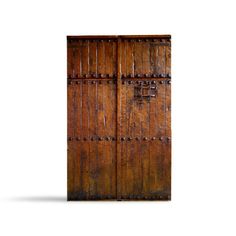 an old wooden door with metal bars on the top and bottom, against a white background