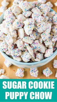 a bowl full of sugar cookie puppy chow with sprinkles on the side