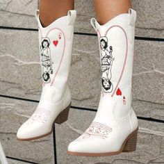 Womens Embroidered Queen Pattern Western Boots Chunky Heeled Cowboy Boots Slip-On Upper Material: Pu Leather Lining Material: Fabric Insole Material: Fabric Outsole Material: Tpr Black & Red Available White& Red Available Custom Cowgirl Boots, Fun Cowgirl Boots, White Embroidered Boots For Winter, Spring Embroidered White Boots, Spring White Embroidered Boots, White Embroidered Boots For Fall, White Embroidered Pointed Toe Boots, White Embroidered Round Toe Boots, White Embroidered Western Boots