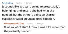 a tweet with the caption'it sounds like you were trying to protect lily's belongings and ensure she had what she needed, but the school's play on shared supp