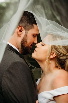 a bride and groom standing under a veil