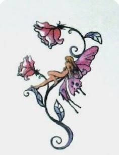 a drawing of a fairy with pink flowers