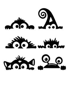 four black and white images of monsters with big eyes, one in the shape of a letter