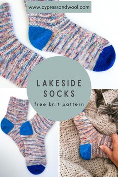 the lakeside socks free knitting pattern is featured in three different pictures with text that reads lakeside socks