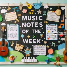 a bulletin board with music notes and musical instruments attached to it's side wall