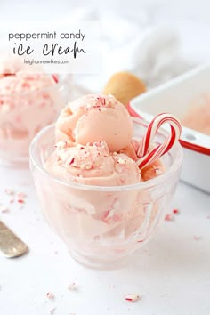 peppermint candy ice cream in a glass bowl