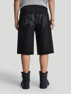 Men's Black Denim Graffiti Letter Print Loose Fit Jorts Shorts, Streetwear Plain Letter Oversize Denim Jorts Party Plain Black Denim Shorts, For Husband, Boyfriend Gifts Black    Denim  Bermuda Non-Stretch  Men Clothing, size features are:Bust: ,Length: ,Sleeve Length: Denim Graffiti, Shorts Streetwear, Drawstring Waist Shorts, Shorts Denim, Casual Stripes, Short En Jean, Plain Black, Men Clothing, Black Denim Shorts