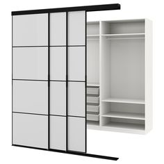 an open closet door with shelves and drawers