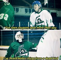 two hockey players talking to each other in front of an ice rink with the words i've seen coupons save more than you