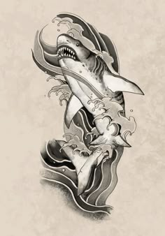 a drawing of a shark with waves on it's back