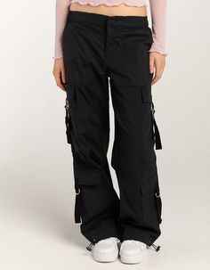 RSQ Womens Mid Rise Double Cargo Parachute Pants - BLACK | Tillys Black Wide-leg Cargo Parachute Pants, Stretch Mid-rise Parachute Pants With Cargo Pockets, Black Stretch High-waisted Parachute Pants, Cargo Parachute Pants, Black Full-length Parachute Pants With Cargo Pockets, Black Military Parachute Pants With Cargo Pockets, Baggy Fits, Pants Black, Snap Button