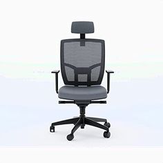 an office chair with grey upholstered seat and back, viewed from the front