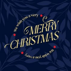 merry christmas card with gold lettering and red stars on a dark blue background, surrounded by leaves