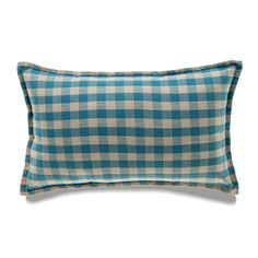 a blue and white checkered pillow on a white background