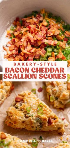 bacon cheddar scallion scones in a white bowl with text overlay