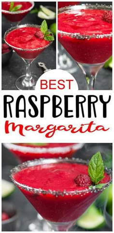 the best raspberry margarita recipe is in two glasses with garnishes