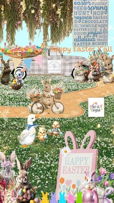 an animated easter scene with rabbits, eggs and other items on the ground in front of trees