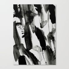 a black and white painting with brush strokes on it's canvas, hanging on a wall