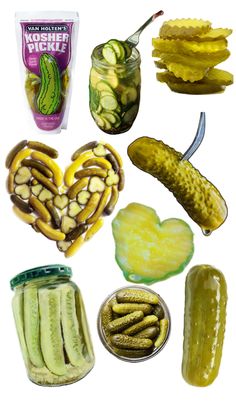 pickles, cucumbers and other foods are arranged in a circle