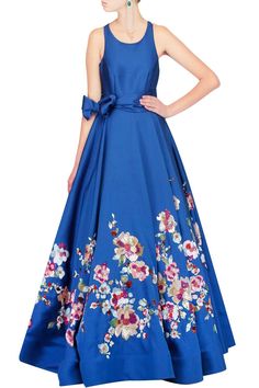 Blue floral embroidered gown Floral Applique Ball Gown Dresses, Floral Applique Ball Gown For Gala, Floor-length Ball Gown With Floral Applique For Party, Spring Ball Gown With Floral Applique, Spring Floral Applique Ball Gown, Blue Floral Applique Gown For Party, Blue Floral Applique Dress For Gala, Silk Maxi Dress With Floral Embroidery, Floral Embroidered Ball Gown For Prom Season