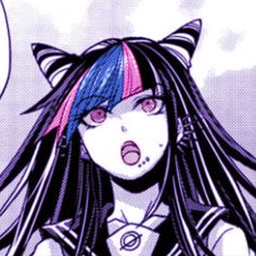 an anime character with long black hair and cat ears