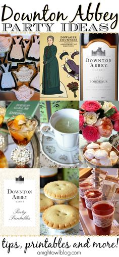 there are many different things to see in this collage with the words downton albey party ideas