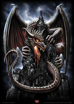 a demonic looking dragon sitting on top of a throne in front of a dark sky