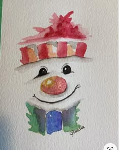 a watercolor drawing of a snowman wearing a red hat