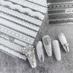 Elegance and sophistication meet convenience with our White and Black Lace Print Nail Sticker!  Perfect for weddings, proms, or any special occasion, these easy-to-apply stickers will add a touch of class to any manicure. The delicate lace design in contrasting white and black creates a timeless look that's both classic and modern. 💅 Shop now and elevate your nail game to new heights of elegance!  Material: peel off self-adhesive PVC Price for 1 sheet, 10.5x8cm ♥Elevate Your Nail Polish and Beauty with Nail Stickers from MAKYBLING.  Beauty evolves day to day. There is plenty of nail decal stickers in the market but none meet quality and beauty like ours do. We have designed 3D nail stickers that come in both ultra-thin and 3D embossed designs to suit your needs depending on your nail type Lace Nail Design, White Lace Nails, Nail Decals Diy, Lace Nail Art, Nail Art Stripes, Super Cute Nails, Lace Nails, Gel Nail Extensions, Stripped Nails