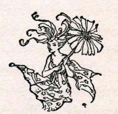 a drawing of a woman with flowers in her hair, holding an umbrella over her head