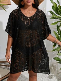 Summer Beach Plus Lace Dolman Sleeve Cover Up Dress Without Bikini Set Black   Half Sleeve Fabric Plain  Medium Stretch  Women Plus Clothing, size features are:Bust: ,Length: ,Sleeve Length: Black Lace Cover Up, Cover Up Swimsuit Outfit, Swimsuit Coverup Ideas, Plus Size Cover Up, Holiday Outfit Inspiration, Coverup Swimsuit, Swimsuits Outfits, Cover Ups, Swimwear Cover Ups