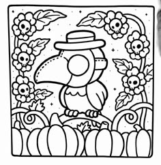 a black and white drawing of a bird with flowers on it's head, surrounded by pumpkins