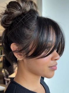 The question now is... to cut or not to cut? #curtain #bang #ideas Chunky Curtain Bangs Medium Hair, Messy Bun Curtain Bangs, Messy Bun With Curtain Bangs, Chunky Curtain Bangs, Classic Updo, Hair Balayage, Long Hair With Bangs, Low Ponytail