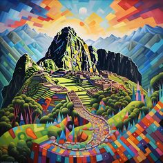 a painting of a mountain with colorful lines on it