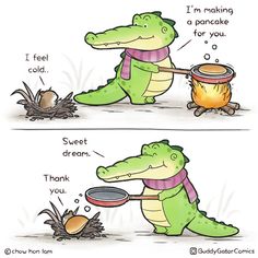 an alligator is holding a pot with food in it and another cartoon has the words i'm making a pancake for you