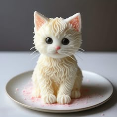 a white cat figurine sitting on top of a plate with pink sprinkles